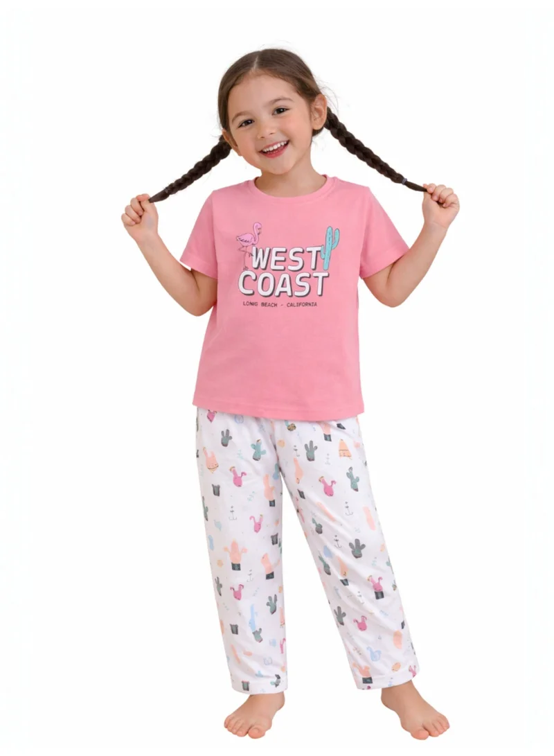 فكتور اند جين Girls West Coast Print Cotton Pajama Set – T-Shirt & Full Pants Nightwear